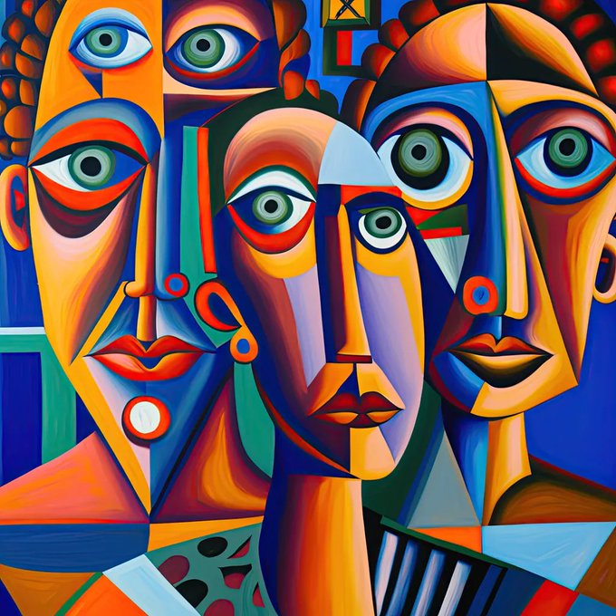 A vibrant, colorful Cubist-style painting featuring abstract faces with multiple green eyes, rendered in bold blues, oranges, reds, and yellows in a Picasso-inspired composition.