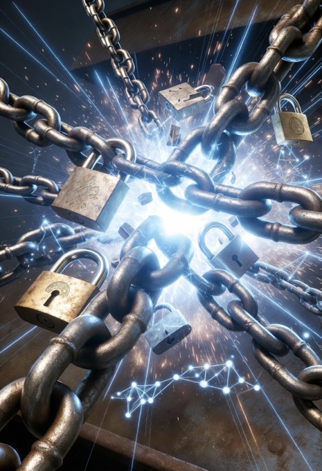 Heavy metal chains and padlocks are dramatically shattering apart with a bright burst of energy at the center, symbolizing the breaking of centralized financial control and the unstoppable force of decentralized, permissionless money like Bitcoin. The imagery visually reinforces the post's message about breaking free from traditional banking gatekeeping toward a "confirmed" peer-to-peer system.