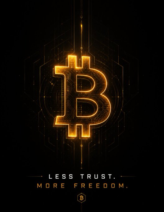 A glowing neon-orange Bitcoin "₿" symbol dominates a black background with circuit board-like patterns, accompanied by the slogan "LESS TRUST. MORE FREEDOM." and a small Bitcoin logo at the bottom. The futuristic, tech-inspired design reinforces the post's anti-establishment message, visually representing Bitcoin as a bold alternative to traditional financial systems.