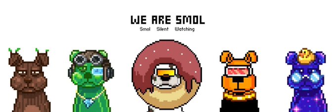 The image features five cartoon animals, including a brown bear, an orange cat, a green frog, a yellow bird, and a blue dog. They are all standing next to each other against a gray background. The caption of the image reads "We Are SMOL" in black text at the top, and it also mentions that they are small, silent, watching, and listening.