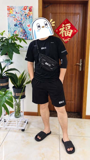 A person modeling a casual black summer outfit, consisting of a t-shirt, shorts, and slide sandals, accessorized with a fanny pack, all branded with 'OXX', standing in a home entryway with plants and a Chinese decoration.