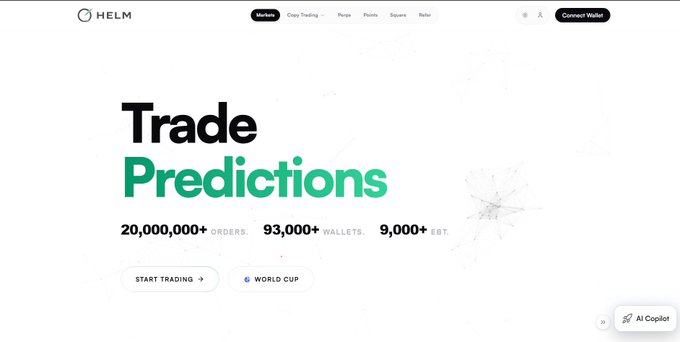 The image displays the HELM trading platform homepage featuring the bold tagline "Trade Predictions" alongside impressive metrics: 20,000,000+ orders, 93,000+ wallets, and 9,000+ SBT, with a "Start Trading" button. It visually represents the post's enthusiasm for Helm as a fast, transparent, capital-efficient platform for trading positions on real-world outcomes.