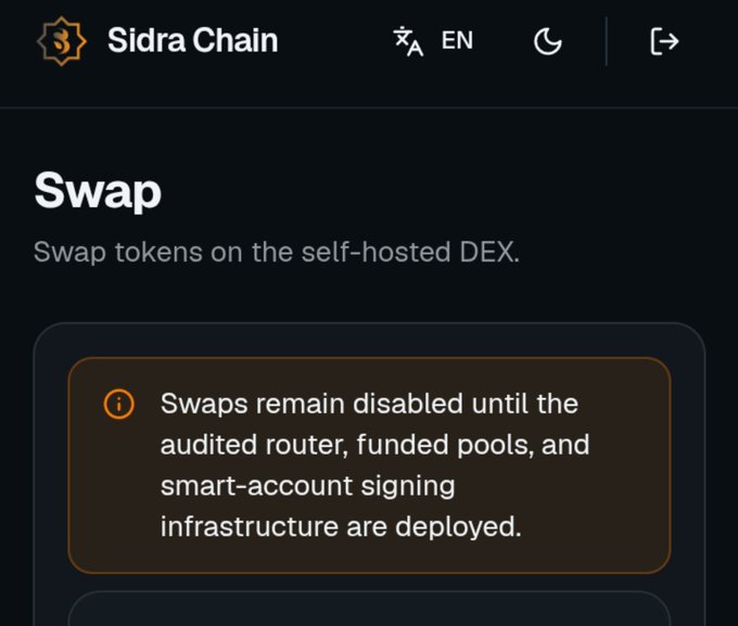 The image shows the Sidra Chain DEX Swap interface, which currently displays a notice stating that "Swaps remain disabled until the audited router, funded pools, and smart-account signing infrastructure are deployed." This visually confirms the post's announcement that the Sidra Chain swap feature is in its final preparation phase, awaiting key infrastructure deployment before launch.