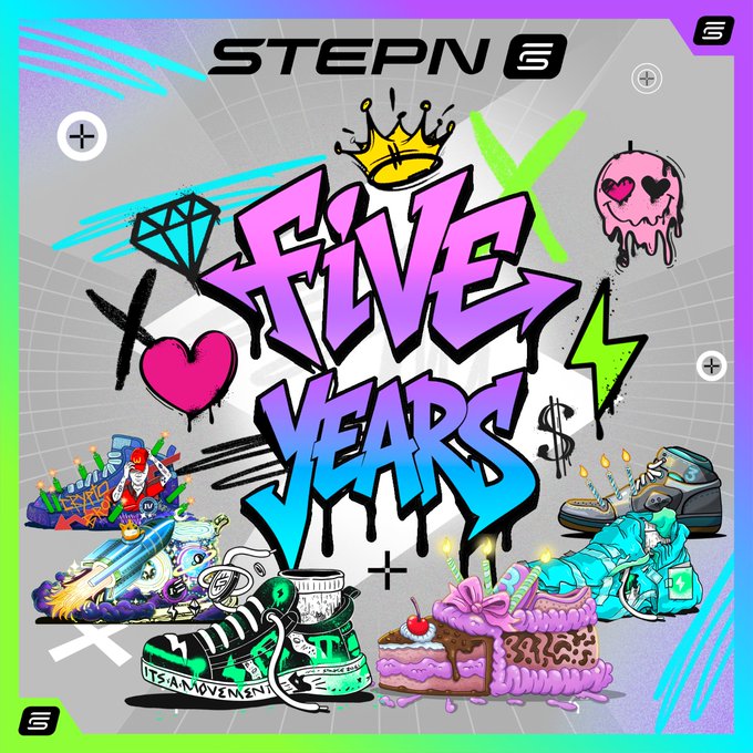 A vibrant graphic for STEPN celebrating its 'five years' anniversary, featuring graffiti-style text, a crown, sneakers, a birthday cake, and other colorful elements.