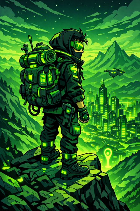 A stylized illustration of a futuristic soldier in green tactical gear with a large backpack standing on a rocky cliff, overlooking a glowing green cityscape with mountains and a drone in the background.
