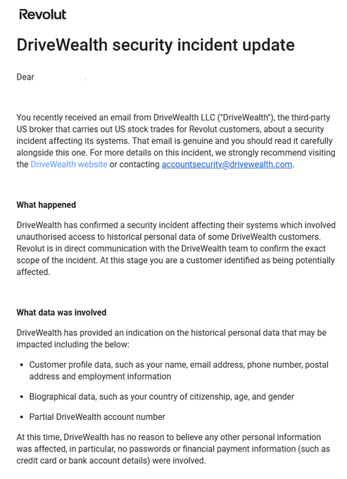 The image shows a Revolut email titled "DriveWealth security incident update," informing customers about a data breach involving third-party US broker DriveWealth LLC that exposed personal information including names, contact details, biographical data, and partial account numbers. It relates to the accompanying post about a "second Revolut leak" by documenting a security incident affecting Revolut customers, where their US stock trading data was compromised through the DriveWealth platform.