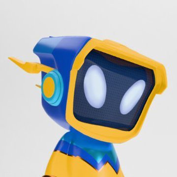 A blue and yellow robot character with glowing white eyes and antenna is shown in a 3D rendered style, fitting the cartoonish NFT collection aesthetic referenced in the upcoming mint listings.