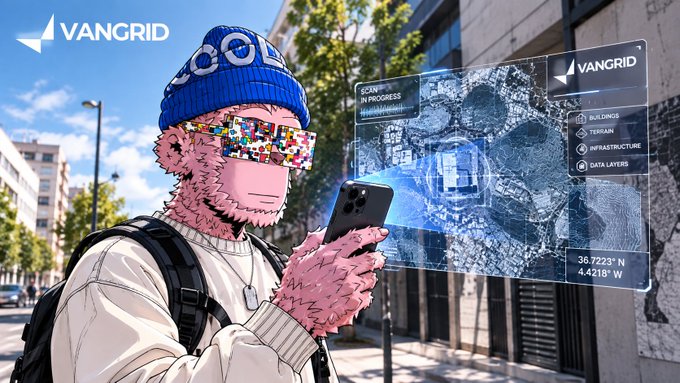 An illustrated character wearing a blue beanie and pixelated VR-style glasses using a smartphone with a VANGRID augmented reality holographic map overlay showing coordinates 36.7223° N, 4.4218° W.
