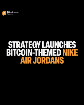 A sleek black graphic from Bitcoin.com features bold white and orange text announcing "STRATEGY LAUNCHES BITCOIN-THEMED NIKE AIR JORDANS," highlighting the new Bitcoin-themed Nike Air Jordan sneakers and Duke shoes now available in the Strategy Store alongside other Bitcoin merchandise.