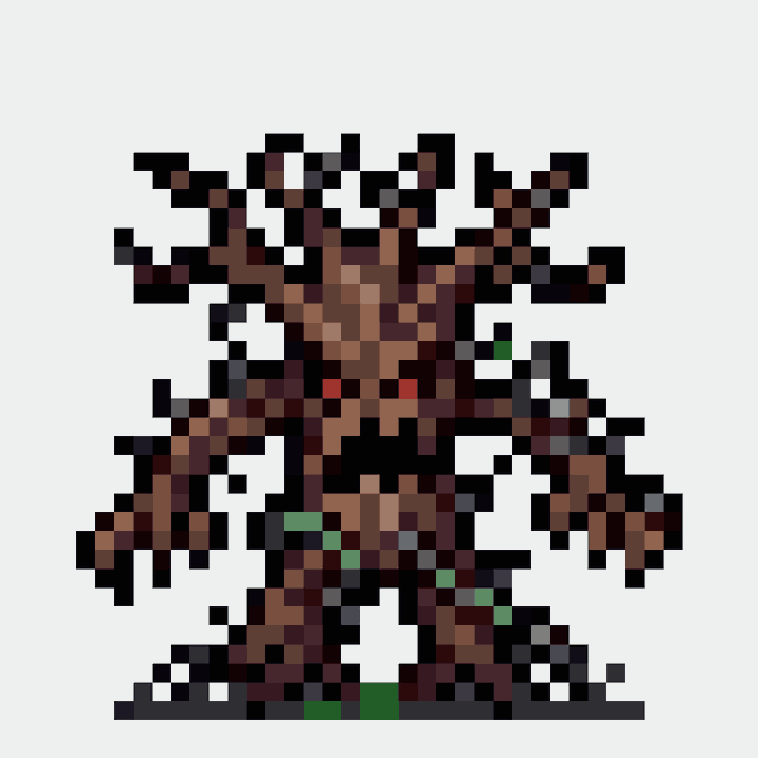 This pixel art image depicts a menacing tree-like creature, representing "Blightbark #012," a CC0-mon NFT. The creature features dark brown and black tones with gnarled branches, glowing red eyes, and green moss-like accents at its base, fitting the ominous "blight" theme of the collectible.