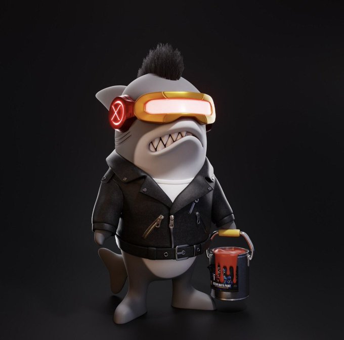 A 3D-rendered shark-like character with a mohawk, wearing yellow sunglasses and a leather jacket, holds a paint can on a dark background.