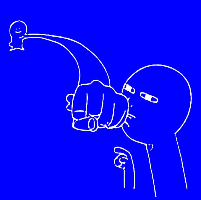 A simple white line drawing on a blue background depicts a stylized figure with an angry expression biting down on a hand, which is connected by a curved line to a small ghost-like figure in the upper left. The caption "I find this practice to be contemptible, outrag–" pairs with the image to suggest the figure was cut off mid-protest while being figuratively "chewed out" or silenced by a larger entity.