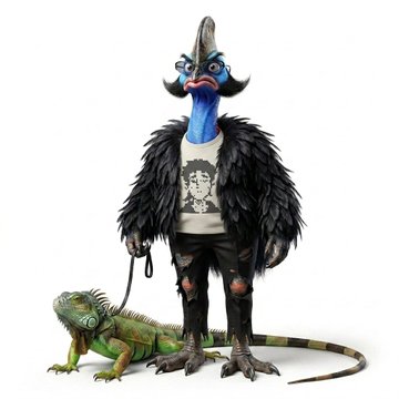A digital illustration of an anthropomorphic bird with a blue face and a large mustache, wearing a black feathered jacket and ripped jeans, holding a leash attached to an iguana.