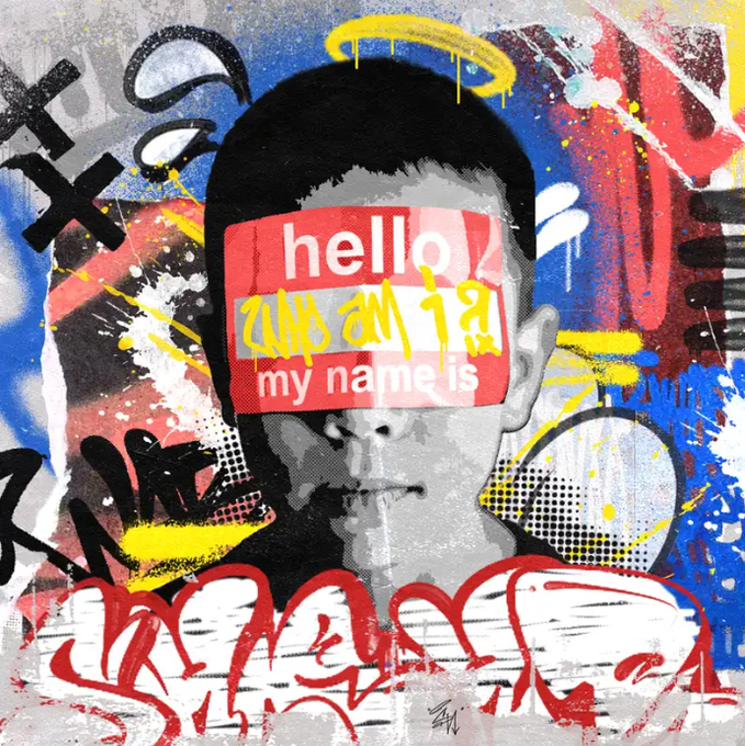 Graffiti-style mixed-media artwork featuring a black-and-white portrait of a person wearing a 'hello my name is' name tag with yellow scribbles, overlaid with colorful tags, splatters, and a yellow halo.