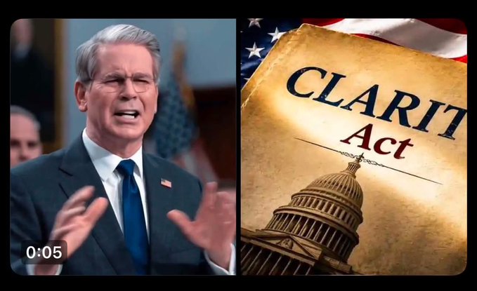 A split image shows a man in a suit gesturing while speaking at a podium (left) alongside a graphic featuring the U.S. Capitol dome and an American flag with the text "CLARITY Act" prominently displayed on an aged parchment-style background (right). The image visually reinforces the post's message about the White House pushing Congress to pass the CLARITY Act to establish U.S. leadership in digital assets, particularly benefiting XRP through clearer regulations.