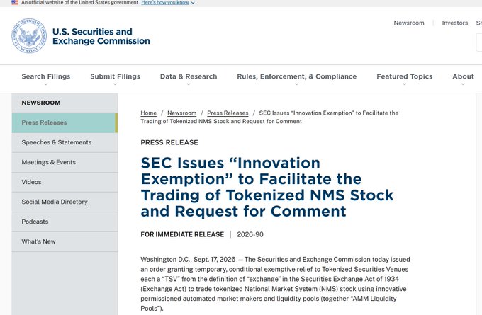 Screenshot of an SEC press release dated Sept. 17, 2026 titled 'SEC Issues "Innovation Exemption" to Facilitate the Trading of Tokenized NMS Stock and Request for Comment,' announcing an order granting temporary, conditional exemptive relief to Tokenized Securities Venues (TSVs) to trade tokenized NMS stock.