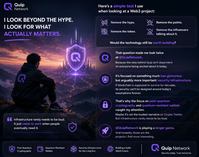 A Quip Network promotional graphic featuring a person seated on a cliff overlooking a futuristic city with a shield logo, alongside text advocating for "looking beyond the hype" in Web3 projects and emphasizing post-quantum cryptography and security infrastructure for blockchain, aligning with the post's message about evaluating projects by removing hype, tokens, points, and influencers to assess core technological value.