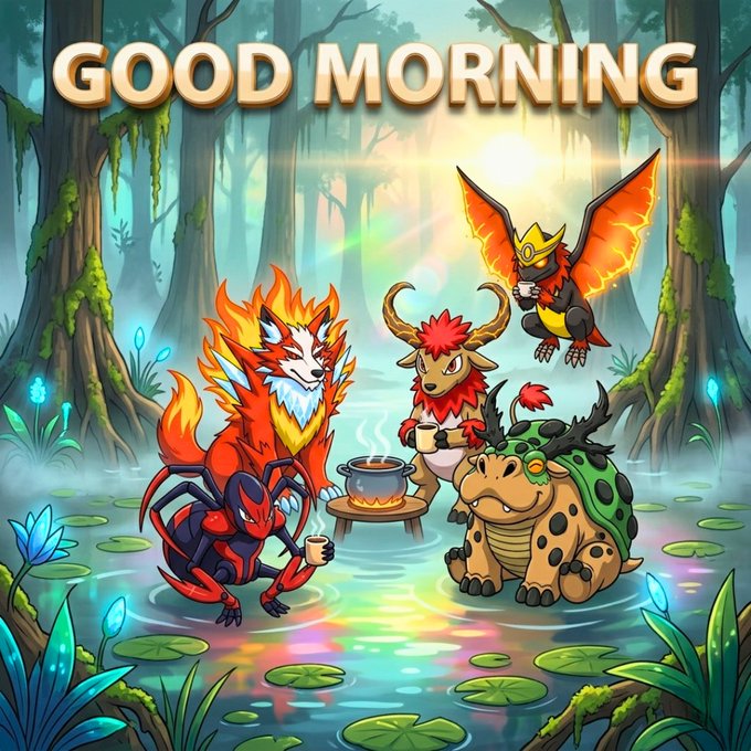 A colorful cartoon 'GOOD MORNING' illustration featuring fantasy creatures including a fire fox, an antlered beast, a winged creature, a turtle, and a spider-like figure gathered around a steaming pot in a mystical forest.