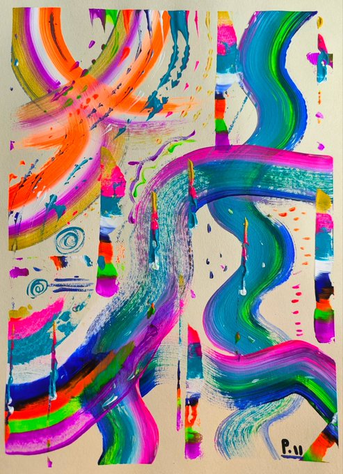 The image features a large abstract painting with vibrant colors, including shades of pink, blue, green, orange, and yellow. The artwork appears to be a representation of the Pulse of Color, an artistic expression that captures the essence of life's vibrancy through its vivid hues and dynamic brushstrokes.