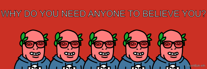 An illustration with a red background showing five identical cartoon figures with laurel wreaths and sunglasses, with the text "WHY DO YOU NEED ANYONE TO BELIEVE YOU?" and "DeathBulch.eth" in the corner.