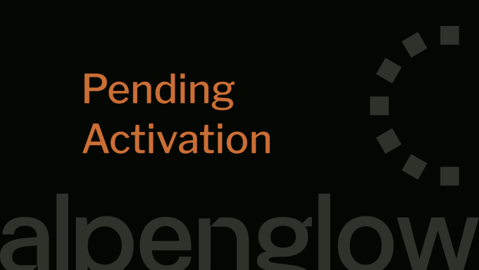 A dark promotional graphic reads “Pending Activation” in orange above a cropped “alpenglow” logo, alongside a dotted circular loading indicator. It reinforces the post’s teaser that Alpenglow will activate in less than 24 hours.