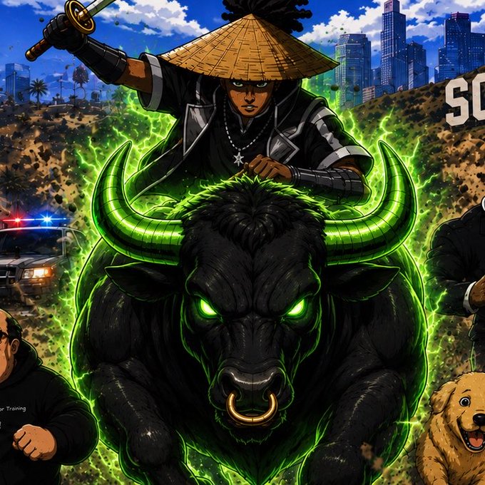A samurai in a straw hat rides a massive black bull with glowing green horns piercing through a cityscape. The dynamic, anime-style artwork visually reinforces the post's call to "Drop your $ANSEM wallet for airdrop," with the charging bull symbolizing bullish momentum for the crypto token.