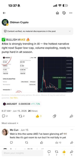 A screenshot of a post by "Oldman Crypto" highlighting $AKE as bullish, noting a 5x increase from $7M to $36M market cap with a price of $0.0009338 (+11.73%), accompanied by a chart showing the token's recent uptrend.