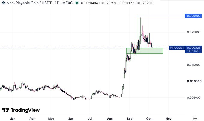 A TradingView candlestick chart for Non-Playable Coin (NPC/USDT) on MEXC, showing a price around 0.020226 with a notable upward spike reaching 0.030000.
