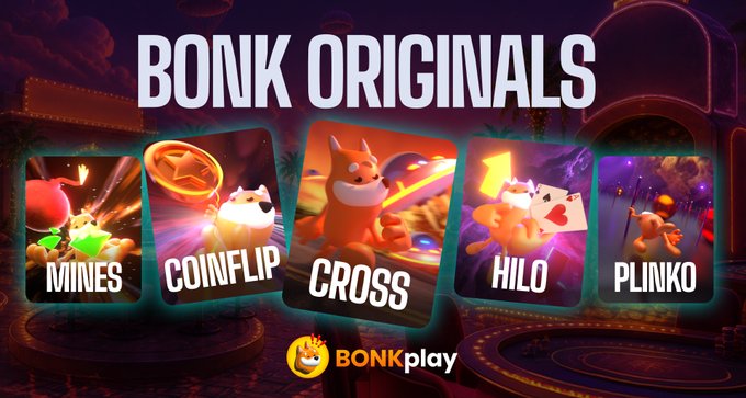 The image is a promotional banner titled "BONK ORIGINALS" showcasing five game cards labeled MINES, COINFLIP, CROSS, HILO, and PLINKO, each featuring playful Bonk-themed mascot characters. The BONKplay logo appears at the bottom, visually reinforcing the post's message about creating multiple original games under the Bonk brand.