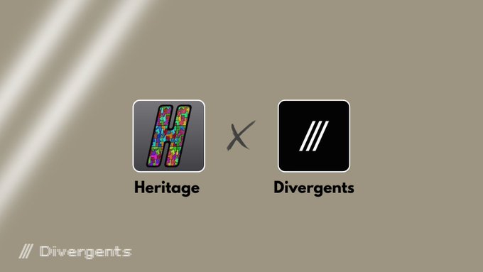 A collaboration announcement graphic featuring the 'Heritage' logo (a colorful H) crossed with the 'Divergents' logo (three white diagonal lines on black), with the Divergents watermark in the bottom left.