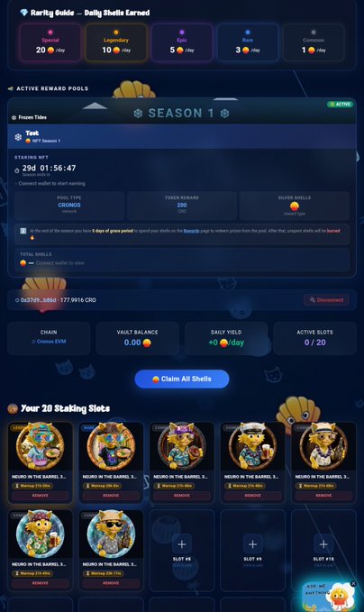 A dark-themed gaming dashboard titled 'Rarity Guide - Daily Shells Earned' displaying tiers, reward pools, a 'Season 1' staking task with a 'Claim All Shells' button, and a grid of 'Your 20 Staking Slots' featuring various NFT characters.