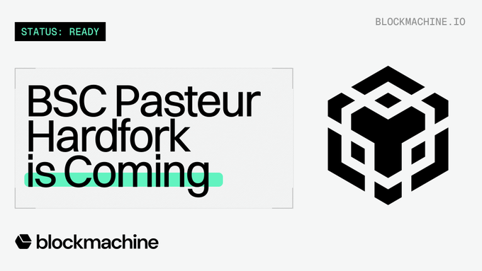 A promotional graphic by Blockmachine.io with the bold headline "BSC Pasteur Hardfork is Coming," a status indicator showing "READY," and the Blockmachine logo beside a geometric cube icon—visually announcing their readiness to support clients through the BNB Chain hardfork scheduled for August 25 at 02:30 UTC.