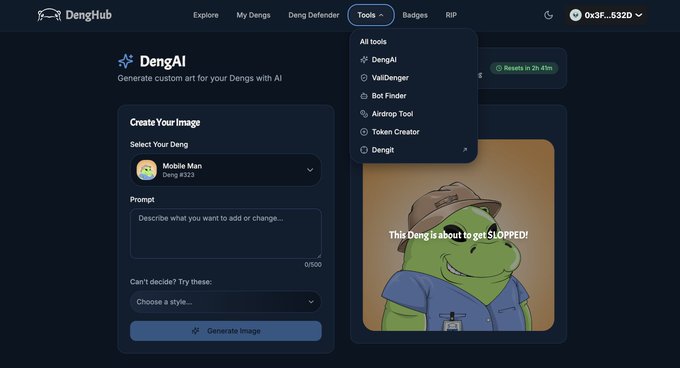 Screenshot of the DengHub website interface showing the DengAI tool menu, featuring options like ValDenger, Bot Finder, and a preview of a "Mobile Man" Deng AI generation.