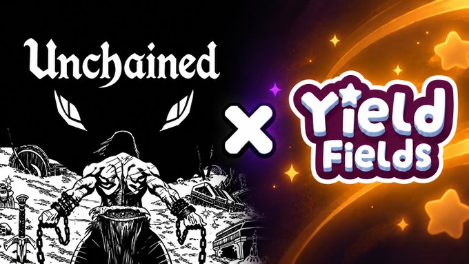 Promotional graphic for a collaboration giveaway between "Unchained" and "Yield Fields," featuring a black-and-white illustration of a muscular, chained warrior alongside colorful star graphics, advertising 3 whitelist spots for the Yield Fields upcoming NFT mint with a deadline of September 21.