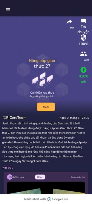 The image shows a Vietnamese-language announcement from @PiCoreTeam about Pi Network's V27 update, specifically highlighting "Nâng cấp giao thức 27" (Protocol 27 Upgrade) with 100% completion shown on the right side. The post discusses how Pi Testnet is being upgraded to Protocol 27 to optimize smart contract verification mechanics and enhance execution speed for testing the Mainnet Giao thức 27 launch on September 9, 2026, aligning with the accompanying message about advancing smart contract narrative beyond the V26 platform foundation.