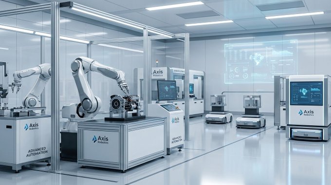 A bright, modern, and clean laboratory or manufacturing facility filled with advanced white automation equipment, robotic arms, and digital displays, with some machines bearing the label 'Axis Robotics' and 'Advanced Automation'.