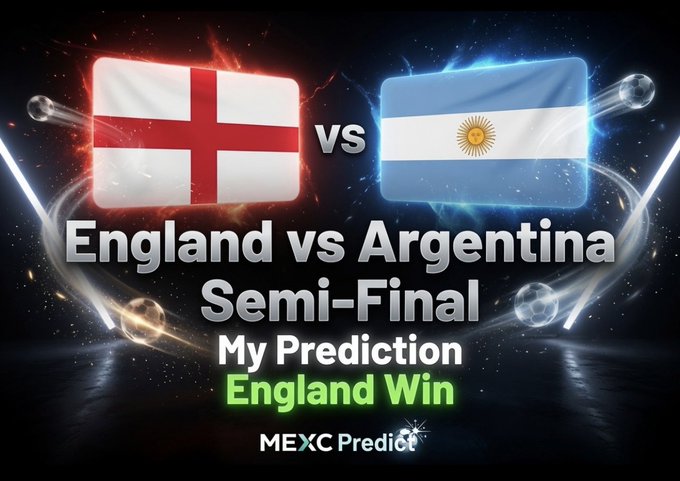 A promotional graphic for MEXC Predict showing flags of England and Argentina facing off, titled 'England vs Argentina Semi-Final' with the prediction 'England Win' displayed in green text.