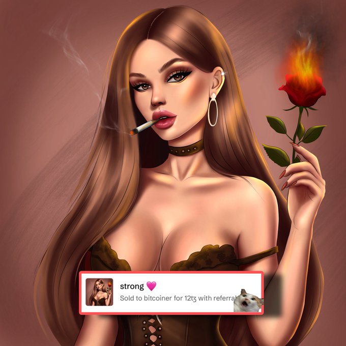 A digital illustration of a woman with long brown hair smoking a cigarette and holding a burning rose, with a small 'strong' notification overlay about selling to bitcoiner for 12G.