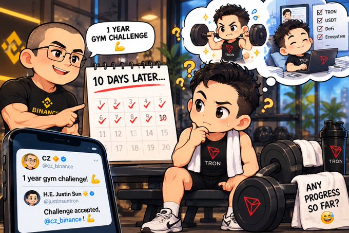 A cartoon shows CZ pointing to a "10 Days Later" calendar with checkmarks, while a sweating Justin Sun sits on a gym bench surrounded by TRON-branded gear, daydreaming about lifting weights and working on the TRON ecosystem with @TRON, USDT, and DeFi visible. The illustration humorously visualizes the post's question about whether Justin has prioritized fitness over TRON development during the first 10 days of the year-long challenge.