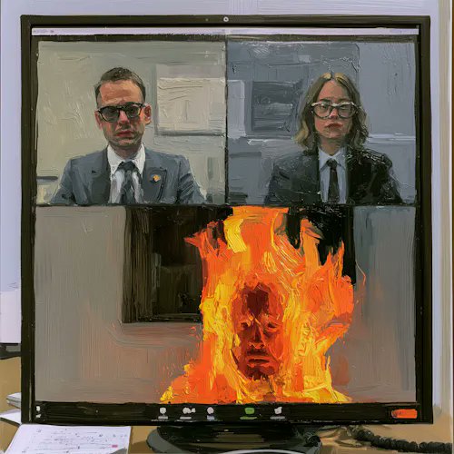 The image depicts a framed monitor displaying a video call with two suited individuals above a vivid painting of a face engulfed in flames. This artwork appears to be by artist Luca Ponsato, who sold the piece for 0.15 ETH ($282.27) as noted in the post.