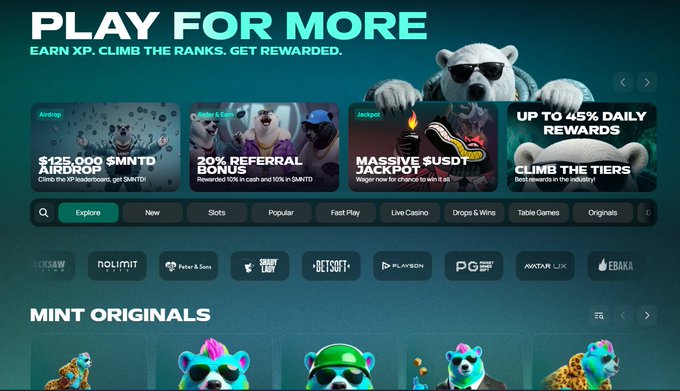 A promotional webpage with the heading 'PLAY FOR MORE' advertising gaming rewards, featuring a polar bear mascot wearing sunglasses and various bonuses like a $125,000 airdrop and 20% referral bonus.