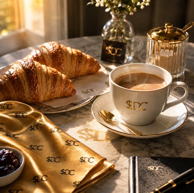 A luxurious breakfast setting features a cup of coffee, two croissants, and a vase of flowers on a marble table, all branded with the gold text "$DC" alongside matching napkins and a journal.