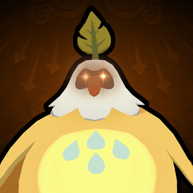 This image shows a cartoonish, round, yellow character with a leaf on its head, glowing eyes, and a white beard. The character's glowing eyes and expression suggest it's reacting to the accompanying post, possibly indicating a sense of anticipation or recognition.
