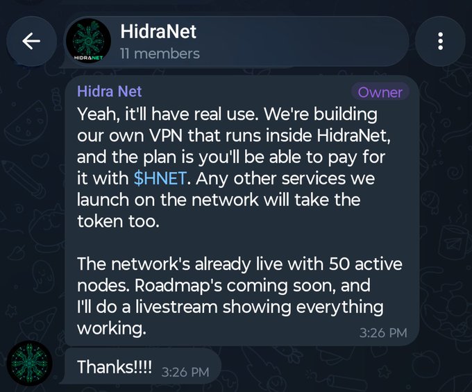 Telegram message from HidraNet stating plans to build a VPN within their network payable with $HNET, noting the network is already live with 50 active nodes.