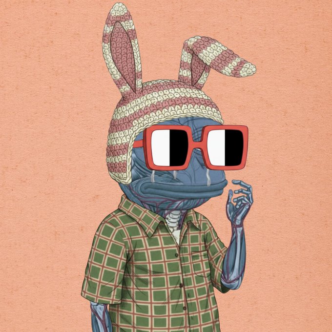 A cartoon illustration of a blue amphibious creature wearing red 3D glasses, a crocheted bunny hat, and a green checkered shirt, with tears streaming down its face.