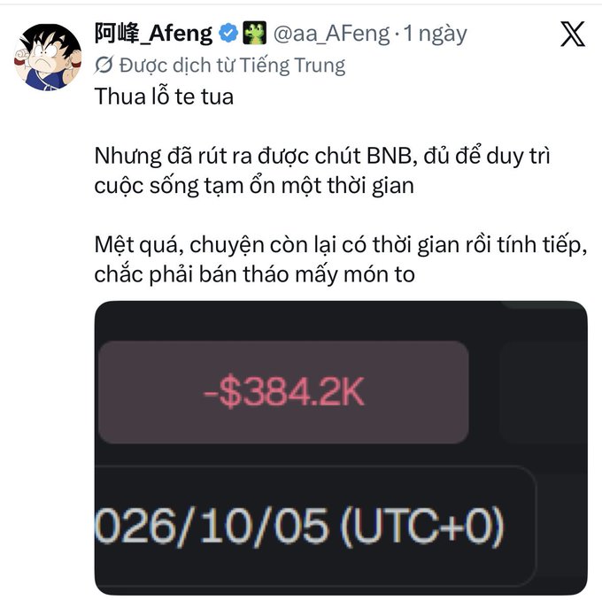 A screenshot of a Vietnamese-language X (Twitter) post by user '阿峰_Afeng' (@aaa_Afeng) translated from Chinese, discussing crypto losses of -$384.2K dated '026/10/05 (UTC+0)', with mention of withdrawing BNB cryptocurrency.