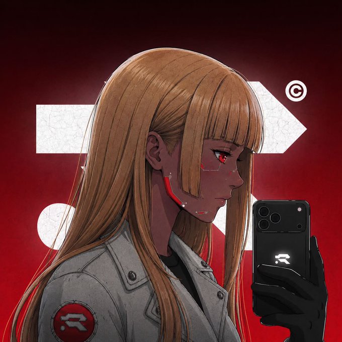 An anime-style illustration shows a blonde, red-eyed female cyborg character with facial markings, wearing a gray coat featuring a red logo, holding up a smartphone displaying a running figure icon—matching the OG Project R3D PFP referenced in the post, reimagined as a "girl version" of the original design.
