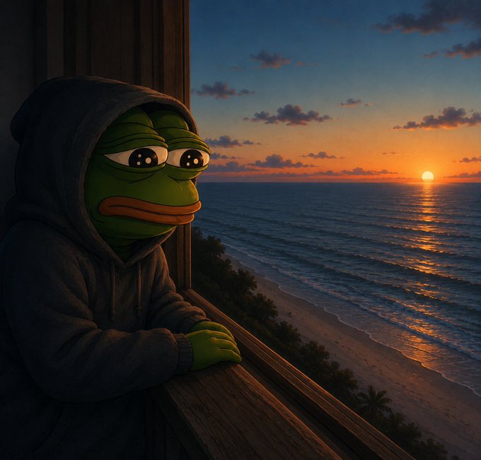 A melancholic digital artwork featuring a sad Pepe the Frog wearing a dark hoodie, gazing out a window at a sunset over an ocean beach with a golden sun reflecting on the water.