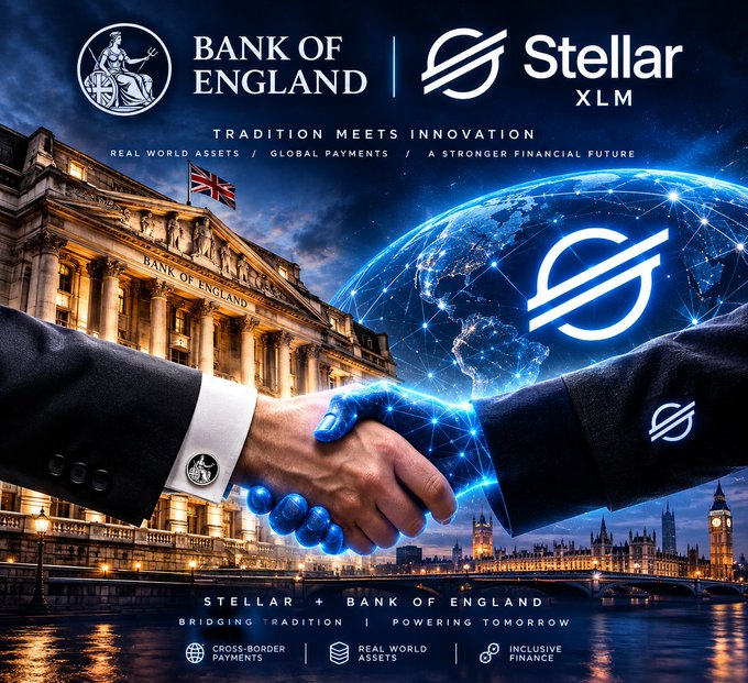 A 'Stellar + Bank of England' graphic features a handshake between suit sleeves, with one hand composed of blue blockchain nodes, beneath the heading 'TRADITION MEETS INNOVATION.'