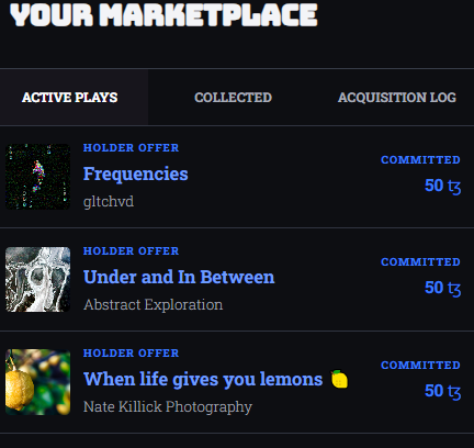 A dark-themed marketplace interface displays three active plays: 'Frequencies' by gltchvd, 'Under and In Between' (Abstract Exploration), and 'When life gives you lemons' by Nate Killick Photography, each showing 50 committed.